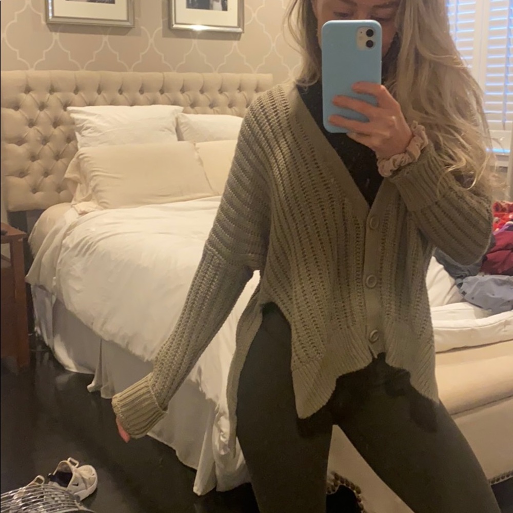 Express High-low olive green cardigan sweater